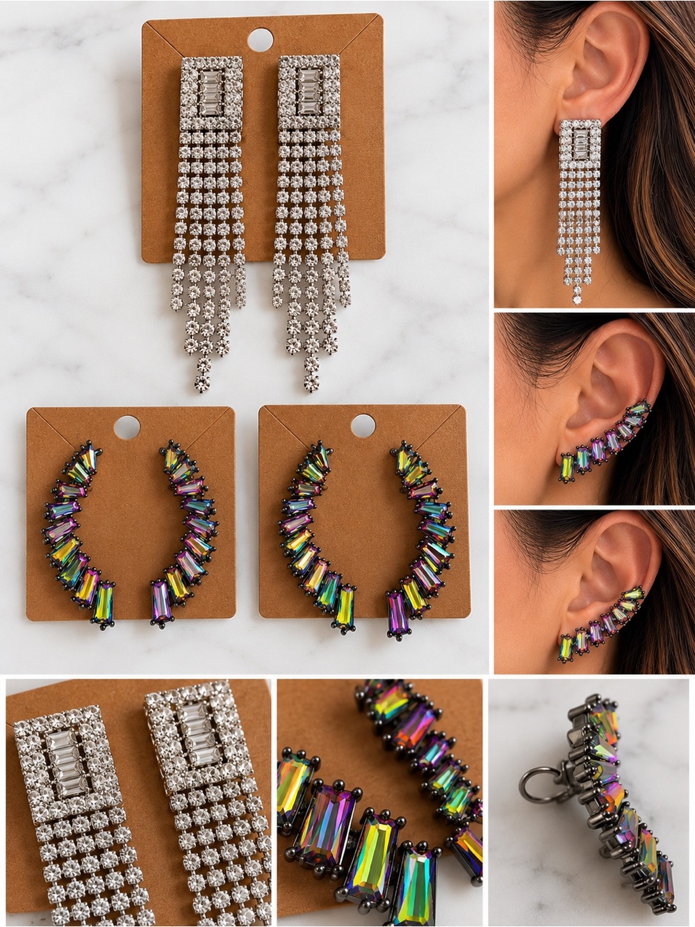 (#20) 3 Pairs Statement Earrings Rhinestone Chandelier Multicolor Iridescent
